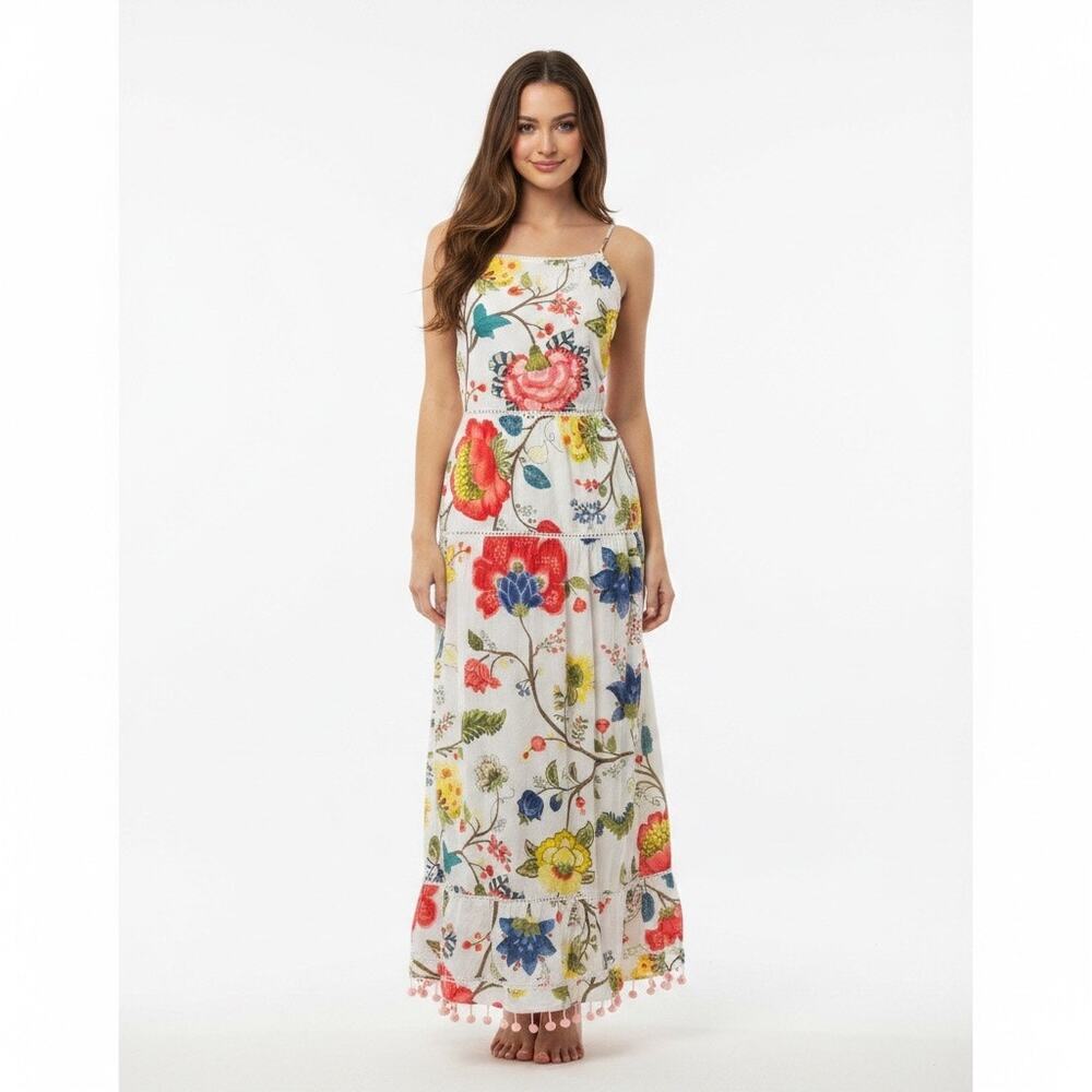 Magazine Floral Botanical Cotton Maxi Dress Boho Cottage Pom Pom Trim  Medium
